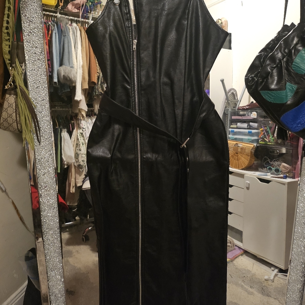 Black Faux Leather Zip-Up Dress (Brand New )